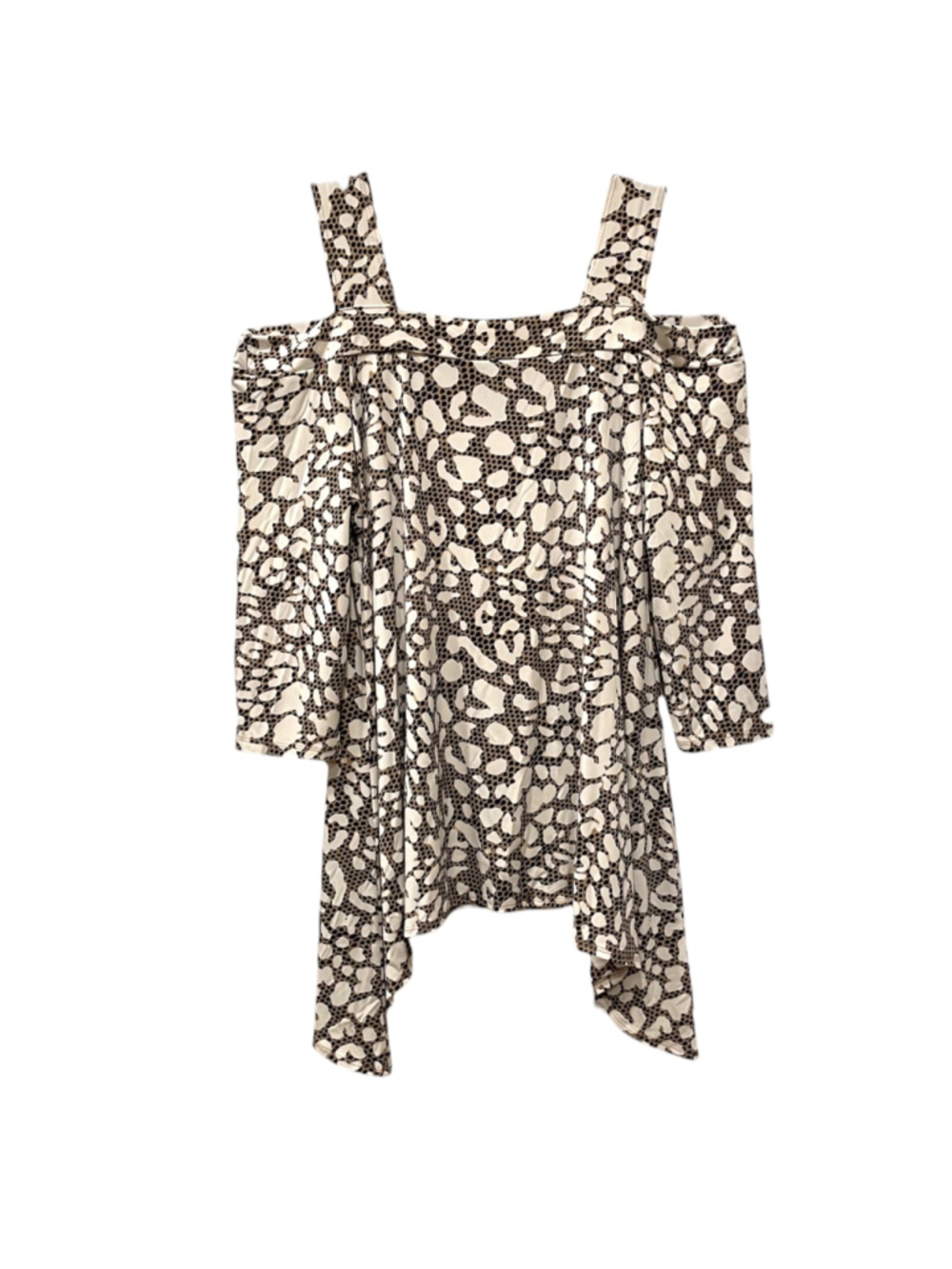 Women's Size Large Clara Sun Woo Cold Shoulder Top Animal Print Navy Beige - Picture 4 of 9